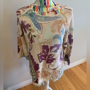 Chico's Cream Sweater with Purple and Teal Floral Print